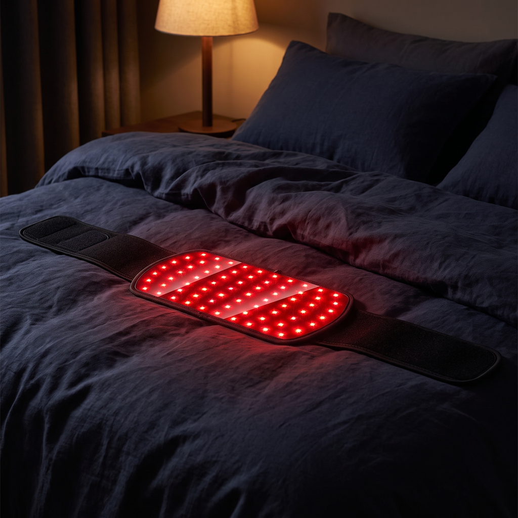 Nightful red light comfort belt with glowing LED panel on dark navy bedding