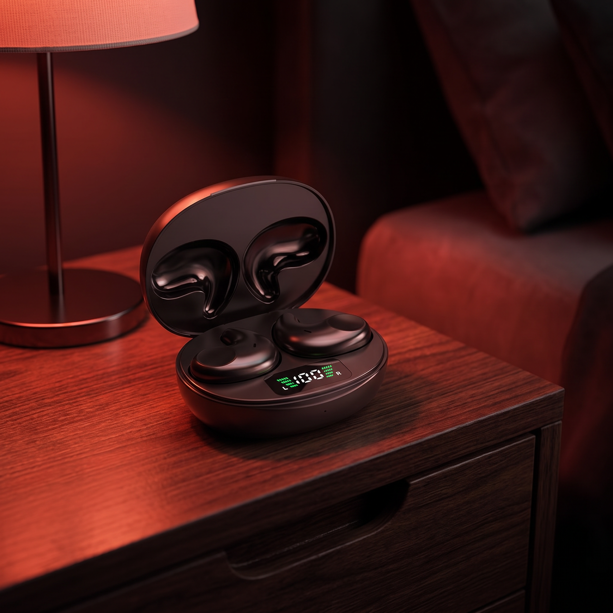 Nightful ultra-thin sleep earbuds in their charging case with battery display on a wooden nightstand