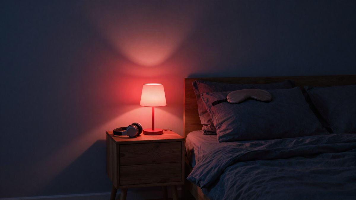 Dark bedroom at night with a warm red bedside lamp, sleep mask and sleep headphones — the Nightful evening ritual